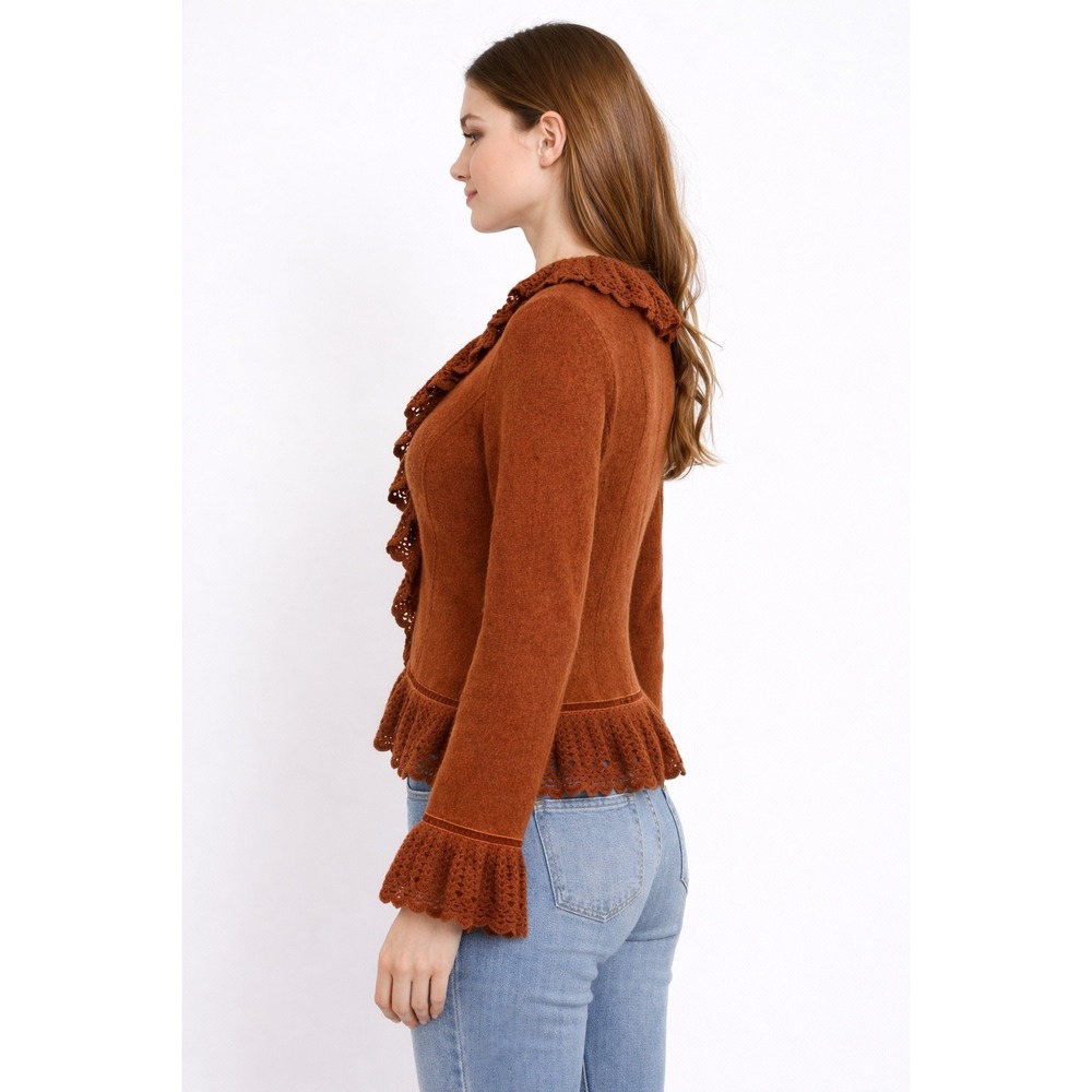 Vtg Lisa International Boiled Wool Blazer Jacket‎ M Crochet Ruffle V-Neck Brown - Picture 16 of 16